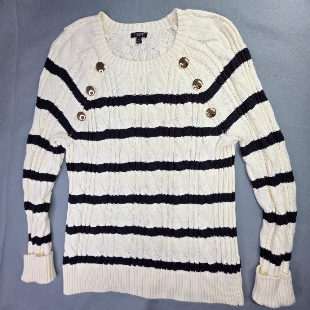 Talbots Sweater Womens M Petite White Blue Striped Cable Knit Nautical Preppy - Picture 1 of 10